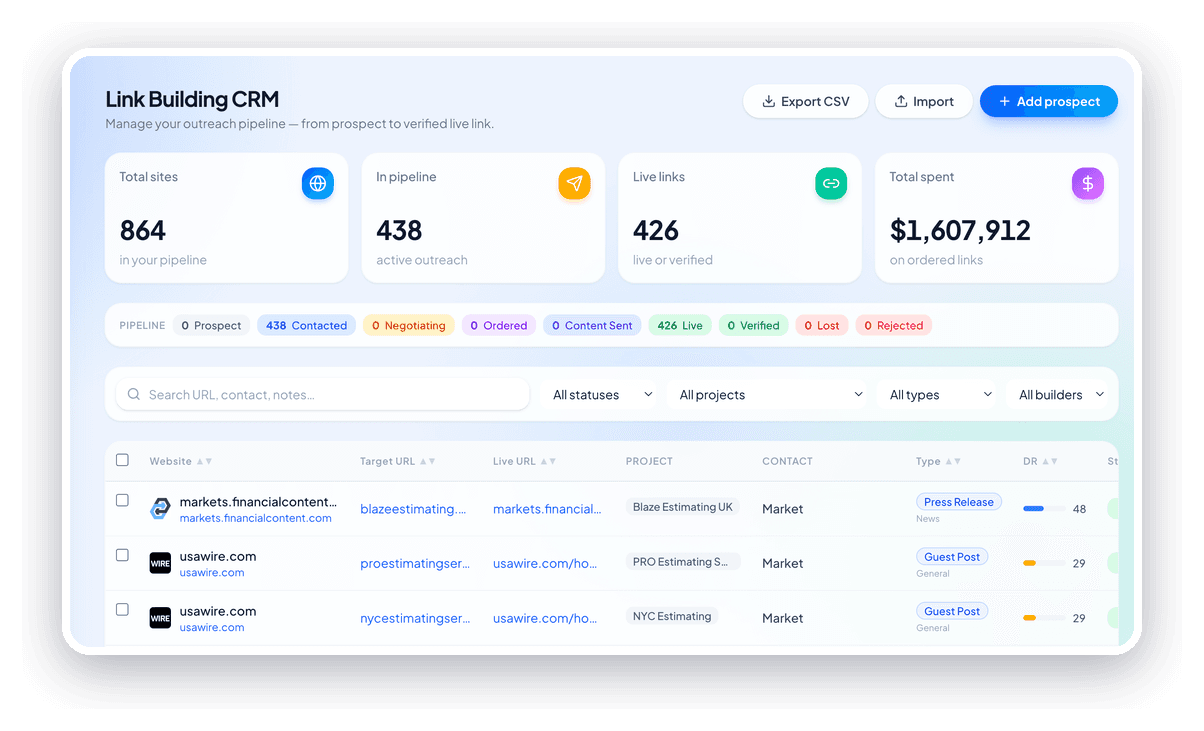 Link Building CRM in the SerpBee dashboard
